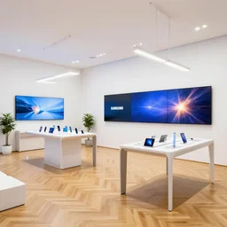 accurate pbr materials ( minimalist neon flagship samsung store, white walls. beautiful oak parquet floor. hanging lights. geometric furniture, large digital screens. display tables with phones and tablets, potted plants ) concept art, john berkey, makoto shinkai, yoji shinkawa, artstation, 4 k