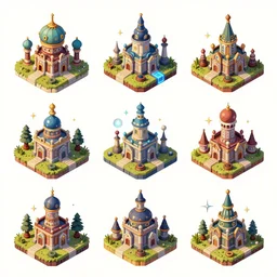 different isometric props by the artist Alexey Druzhkov Rendering six different isometric game assets on items, magic, buildings, full of details, by Braydan Barrett and game asset pack , matte painting, , trending on artstation