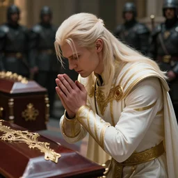 dramatic masterpiece Greg Rutkowski closeup of a male aasimar paladin with platinum blonde hair wearing white and gold vestments under armor praying before coffins belonging to soliders, detailed, dynamic pose realistic, 4k, pensive, dungeons and dragons, dramatic lighting, trending on Artstation, sharp focus, elegant