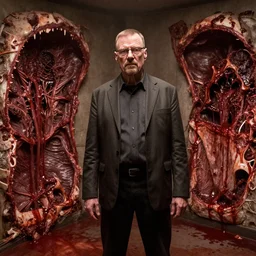 photograph of walter white in a room with walls made of raw flesh and bones, bloody, graphic, found footage, horrid
