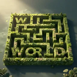 a maze composed of a bunch of letters including W, O, R, L, D by Keith Harring