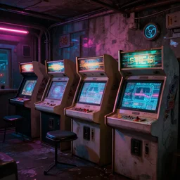 batch of retro derelict arcades, neon, cyberpunk