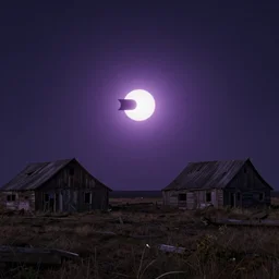 solar eclipse, mysterious artifact on the site between two abandoned soviet barns, muted color, purple glow, matte painting, by simon stalenhag