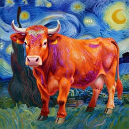 real cow, orange and purple neon detailed and shinny glitter art, background in van gogh style