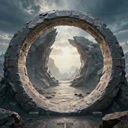 stargate made of stone that form a circle, portal to another dimension cinematic view, epic sky highly detailed