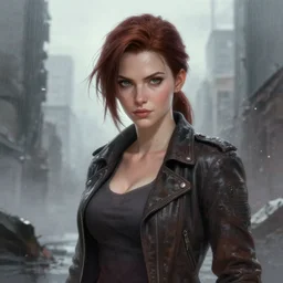 beautiful charismatic, rugged jill valentine, face centered portrait, confident, ruined cityscape, fog, rain, volumetric lighting, soft light particles floating near her, illustration, perfectly shaded, soft painting, art by krenz cushart and wenjun lin