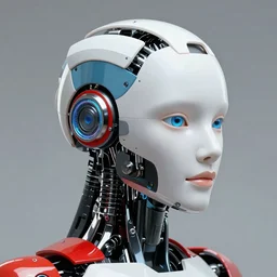 female robot head, red blue black and wite colored