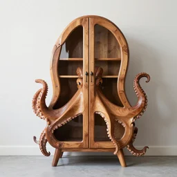 norwegian design furniture in wood of a curiosity cabinet in the shapes of a octopus shape carved intricate