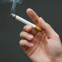 Close-up of thin soft hand, straight cigarette with smoke, hand with five fingers, hyper realistic, high details, photo, super resolution