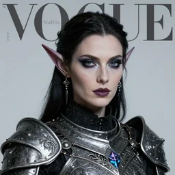 head and shoulders portrait of an eldritch knight, drow, dark elf, shadar kai, female, breastplate, magical, high fantasy, d & d, by annie liebovitz, face details, extremely detailed, vogue fashion photo