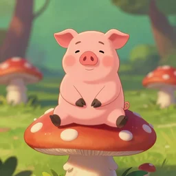 “ pixar style pig meditating on a format mushroom cap. ”