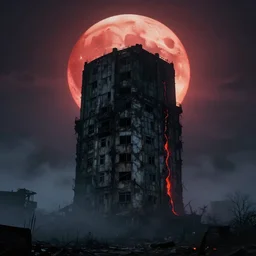 an old brutalist building rising up from the mist at night silhouetted by a huge bloodmoon, by Noah Bradley, thomas kincade, Darek Zabrocki, brutalist, James Paick, Natasha Tan, highly detailed, ultra detailed, ultra realistic, trending on artstation, lava, dungeons and dragons, spooky, haunted, geiger