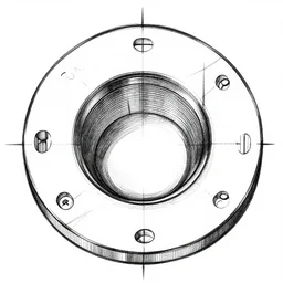 b & w technical drawing of a samoflange, top view, sharp detail, line art