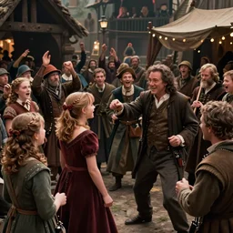 photography crowd of emma watsons fight with nicholas cage in a medieval market detailed matte painting,