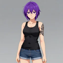 revy black lagoon, purple hair, black tank top, jean shorts, tribal sleeve left arm, portrait shinkai makoto, studio ghibli, studio key, hideaki anno sakimichan stanley, artgerm, lau rossdraws james jean marc simonetti pixiv