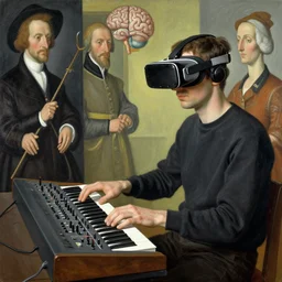 man wearing vr - brain - interface plays a modular synthesizer. painted by francis bacon, hieronymus bosch, giuseppe arcimboldo, albrecht durer, eric lacombe.