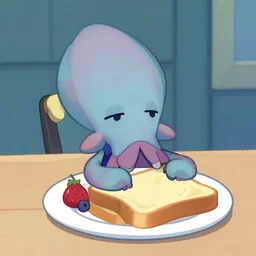 a cute squid is dreaming of a piece of toast