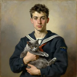 portrait of a young man holding a gray cat in his hands, man is wearing old navi uniform, painting by giorhio morandi