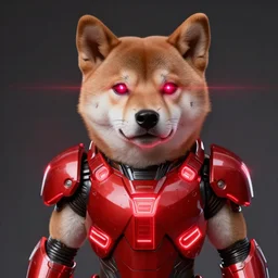 wearing power armor, sci - fi, anthropomorphic shiba inu, laser eyes, masterpiece, glowing red neon armor parts, by artgerm, realistic face