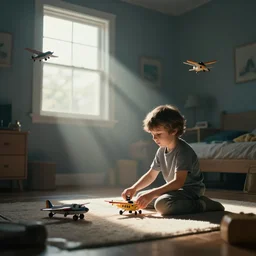 a kid playing with toys in his room, the toys are alive, there are toy airplanes flying in his room, godrays coming through his window, cinematic shot, cinematic lighting, atmospheric, 8k, octane render
