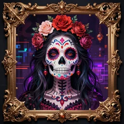 baroque bedazzled gothic royalty frames surrounding a pixelsort emo demonic horrorcore Japanese Illustration of a sugar skull day of the dead girl, art by satoshi kon, sharpened early computer graphics, remastered chromatic aberration