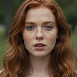close up portrait photograph of a ginger woman with deep blue eyes. Wavy long hair. she looks directly at the camera. Slightly open mouth, with a park visible in the background. 135mm nikon. Intricate. Very detailed 8k. Sharp. Cinematic post-processing. Award winning portrait photography