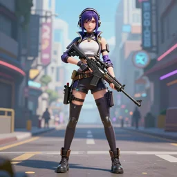 fullbody portrait of a beautiful girl dressed in cyberpunk style, standing on street, holding a sniper rifle. by riot games, anime style, masterpiece, award - winning, trending on artstation and pixiv