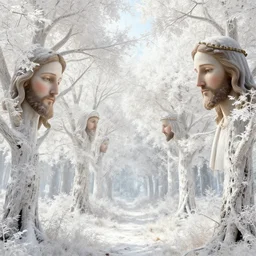 a fantasy landscape with white beautiful trees, jesus christ, perfect faces