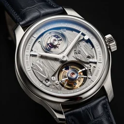 a retro futuristic tourbillon watch, extremely detailed, highly intricate, product photography