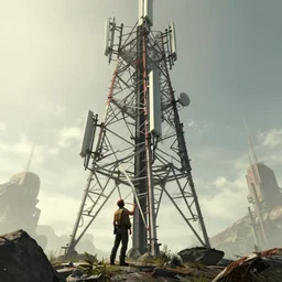 Manga of a Wireless Internet technician looking up from the base of a giant telecommunications tower, getting ready to climb and replace radio. Post apocalyptical landscape, dystopia. hyper detailed, hazy atmospheric lighting volumetric