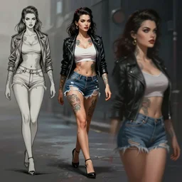 tattooed pinup girl penelope ceuz wearing a jacket and ripped shorts walking in a dark street, character sheet, character design,, contrast, deep focus, turnaround, highly detailed, dramatic lighting, digital painting, artstation, concept art, matte, sharp focus, illustration, elegant, kim jung gi, art by artgerm and greg rutkowski and alphonse mucha.