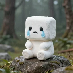 Realistic Cute Marshmallow in the forest sitting on a rock crying sad, raining, movie shot, studio shot, studio lighting, 8k