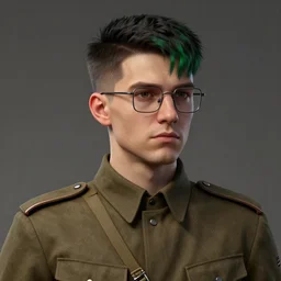 hearts of iron 4 leader portrait of a young man with black square haircut that goes down with green streak and square glasses, ww 2 solider uniform, democratic, trending on artstation, highly detailed, character portrait, ylva ljungqvist, custom portraits, paradox interactive