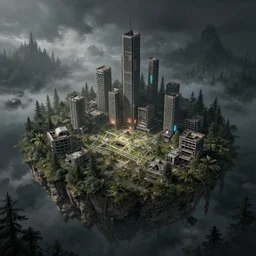 a beautiful very detailed render of urbex abandoned city nature building unfinished building house plan by peter doig, landscape wilderness architecture island tundra san andreas darkacademia cgsociety extraterrestial neon signs hyperrealism forest stormy mars otherworldly, archdaily, wallpaper, highly detailed, trending on artstation.