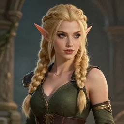 beautiful, sexy, half elf with blonde braided hair, character artwork for dungeons and dragons, 4 k, 8 k