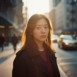 golden hour silouhette portrait photographed with analog medium format fuji gw 6 9 0 in new york, 1 9 6 0 s film street photography, vintage expired colour film bokeh photograph