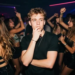 photo of a 4 0 year old white man living thinking he's living the best life possible. he looks young for his age. he is at a dance club, it's as if he were in a music video. woman are flocking to him and can be seen dancing around him in a seductive manner.