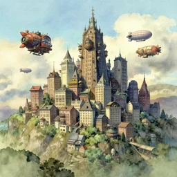 A city built on a mountain by Craig Mullins, the watercolor city buildings are in a studio ghibli aesthetic, illustrative art of various small steampunk airships flying around the city by Mattias Adolfsson, Rendered in Octane, cinematic, Highly Detailed