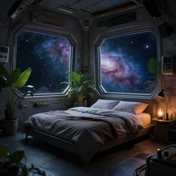 a room in a space station, a large bed, plants, a nebula can be seen through a window, moody lighting, trending on Artstation