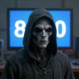 a grim reaper with a 8 0 s monitor for a head and a screen for a face. the monitor has a blue screen with white letters on it. by frank frazetta, simon bisley, brom, concept art, octane render, unreal engine 5, highly detailed, high quality, 8 k, soft lighting, realistic face, path traced
