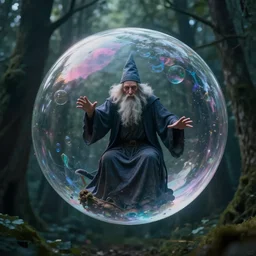 an old wizard trapped inside a floating soap bubble among the trees, ethereal, fantasy, style of lisa frank, dramatic lighting