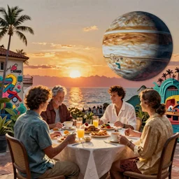 breakfast at las pozas, graffiti by moebius, break of dawn on jupiter, cyberpunk, futuristic, 1 9 7 0 cut out collage, technilogy, high detail, golden light, realistic