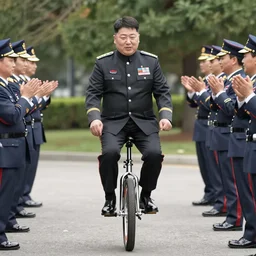 kim jong un riding a unicycle while his generals are applauding