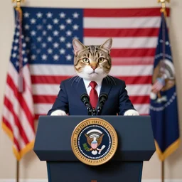 a cat as the president of the united states giving a speech and wearing a suit in front of the american flag