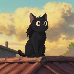 a wholesome animation key shot of a black cat with long hair seated on top of a roof with tiles, medium shot, studio ghibli, pixar and disney animation, sharp, intricate details, rendered in unreal engine 5, anime key art by greg rutkowski, bloom, dramatic lighting, golden hour, warm colors