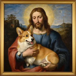 a renaissance oil painting of jesus holding a corgi