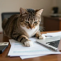 a cat doing his taxes