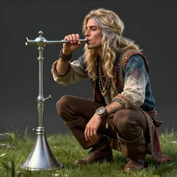 a hippie young man, blonde and silver hair, crouching, drinking from beer bong funnel, colourful clothes, hyper realistic, extreme detail, grass, smooth, subtle shadows, fine details, octane render, stunning, intricate, elegant, highly detailed, digital portrait, artstation, smooth, sharp focus, raw, by greg rutkowski