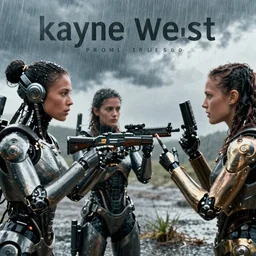 kayne west movie shot from promethius where female cyborgs taunt him w mall bought weaponry. heavy acid rain. film grain color footage. music video style promo for movie. closeup faces