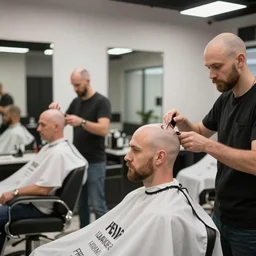 A modern barbershop parlor with bald men getting haircuts by bald barbers, Stock Image, 8k Resolution, Realistic, HD Quality